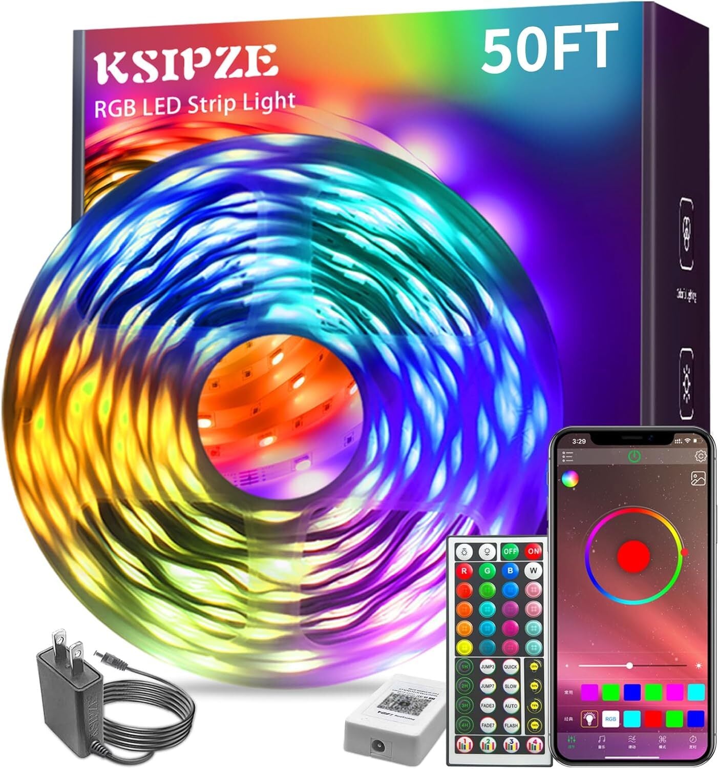 KSIPZE Led Strip Lights 50Ft RGB Color Changing Music Sync, Bluetooth Led Lights
